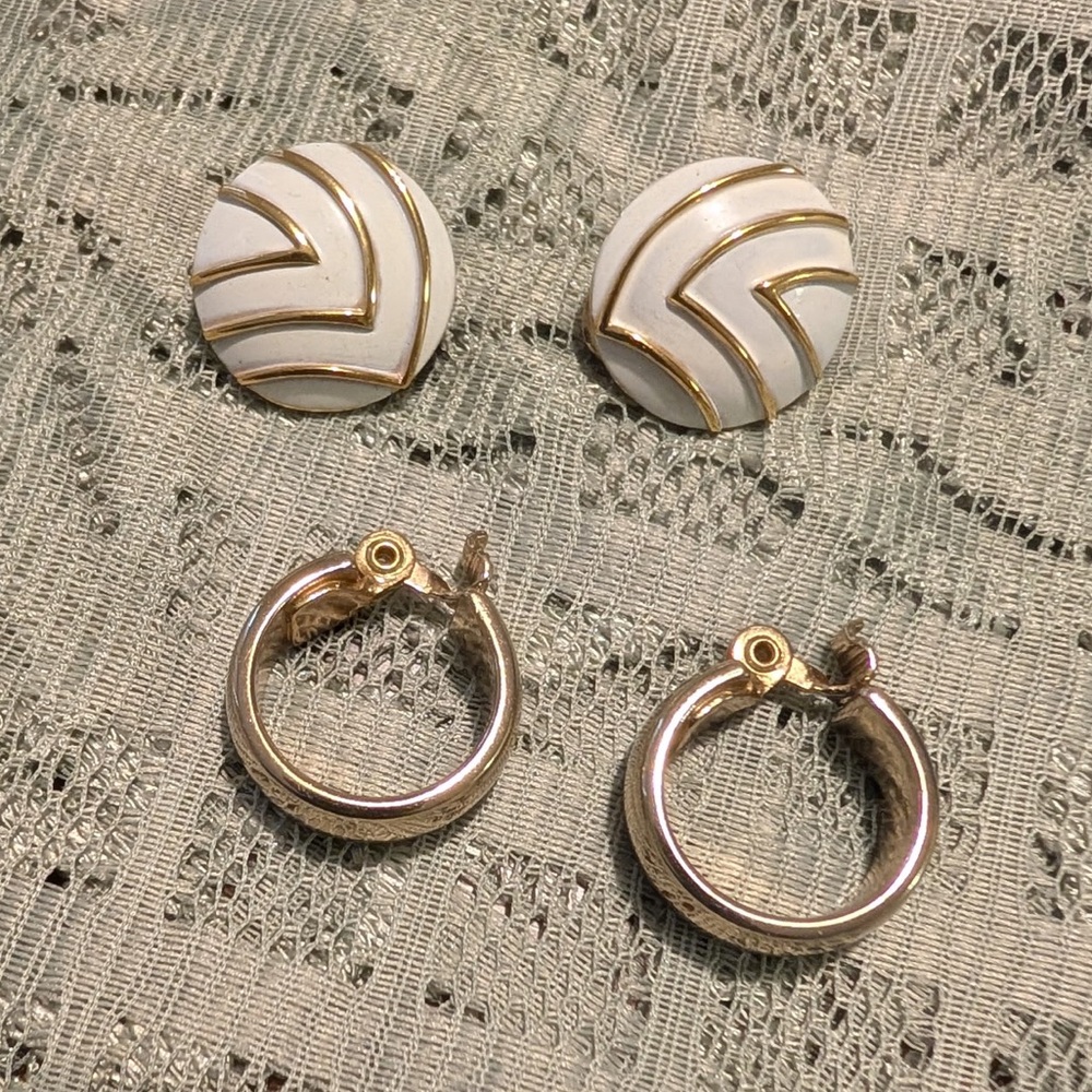 Monet Clip On Earrings Gold and White Enamel Hoop and Round Stud Earring Set